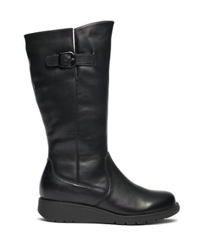 Zwarte Hush Puppies Luna laarzen voor dames, gemaakt van leer en een rubberen zool. Met: zacht leer, fleece voering, gesp aan de zijkant, rits aan de binnenkant en hakhoogte 3 cm.