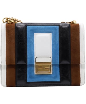 This Fendi "Kan U" shoulder bag is crafted with white and black laminated leather, and brown and blue suede. The handbag features a chain top handle and an adjustable leather shoulder strap. The front flap opens with a gold-tone push-lock to a spacious brown suede lined interior with a patch pocket. Make a statement with this beautiful bag from Fendi!
Fendi Kan U Shoulder Bag in Multicolor Calfskin Leather
Condition: New with tag and dust bag 
Sign of wear: Fair lint on lining: removable
Color: Multicolor
Material: Calfskin leather
SKU: 150528 / NAPBKGBBA144540W  
Dimensions:  Length: 250 mm, Width: 110 mm, Height: 160 mm
Size: One Size