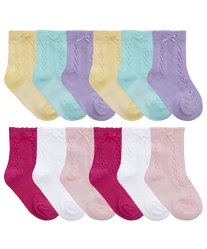 These baby girl cable knit socks are ideal for any little girl. A great gift idea, they come in a pack of 12 pairs, so you'll be able to keep them on hand for whenever you need them. These cute little socks feature an adorable chunky cable knit pattern and are made from a soft cotton rich material with a little bit of stretch for comfort and breathability throughout the day. We have 6 colours per pack: purple, yellow, mint, hot pink, baby pink and white! It's like a rainbow of socks for your baby girl to wear as she grows up. And each pair has a cute little bow on the top that adds some extra style to these classic cable knit socks. They're super soft and stretchy, so they'll stay comfy throughout the day. They're also machine washable and easy to care for. These baby socks come in 12 pairs, are made from 78% Cotton, 20% Polyester, 2% Elastane and come in 3 Baby Sizes: 0-6 Months, 6-12 Months, 12-24 Months. They are safely Machine Washable.