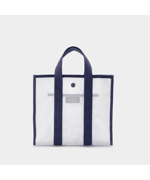 Twee handgrepen. Handgedragen - twee handgrepen. Materiaal: pvc. Kleuren: BLAUW - NAVY. Pvc. Sluiting: lipje met drukknoopsluiting op open bovenkant. Interieur: één zak met rits.