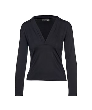 Jersey-Top aus Viskose-Elastan-Gewebe. Lange Ärmel mit einer faux wrap Front, die einen tiefen V-Ausschnitt bildet. Naht unterhalb der Büste. Länge, für Größe 36/S - 62cm.
