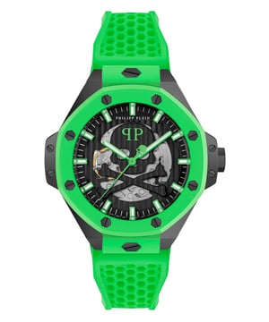 This Philipp Plein Plein $keleton Royal Analogue Watch for Men is the perfect timepiece to wear or to gift. It's Multicolour 46 mm Round case combined with the comfortable Green Silicone watch band will ensure you enjoy this stunning timepiece without any compromise. Operated by a high quality Automatic movement and water resistant to 5 bars, your watch will keep ticking.