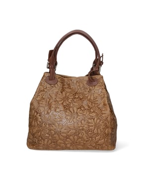 Doppelte Damenhandtasche mit abnehmbarem und verstellbarem Schultergurt. Italienisches Handwerksprodukt aus echtem Leder mit Blumenprägung. Hergestellt in Italien