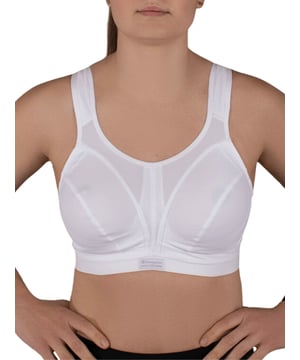 Shock Absorber D+ Max Support Sports Bra. Non-wired sports bra with moisture-wicking material, non padded cups, padded comfort straps, a wide underband and padded non-rub hook & eye. Product is recommended hand-wash only.