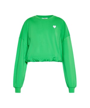 Dit cropped sweatshirt is een stijlvolle toevoeging aan je garderobe. Het heeft een ronde halslijn met geribbelde afwerking en een ontspannen pasvorm met een verlaagd schouderontwerp voor comfort. De elastische zoom zorgt voor een plooieffect in de taille, terwijl een geborduurd hart op de borst voor een vleugje charme zorgt. Lange mouwen met geribde manchetten zorgen voor een comfortabele pasvorm en zorgen voor een casual look die ideaal is voor dagelijks gebruik.  Sweatshirt