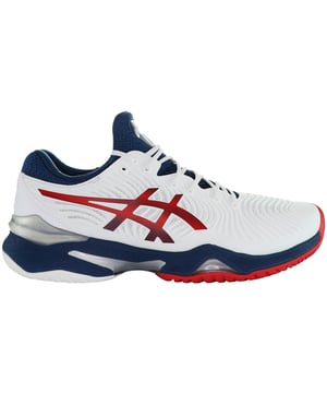 The Asics Court FF 2 Tennis Men's White Trainers are the epitome of style, performance, and support for tennis players. These tennis trainers are designed to elevate your game on the court while offering a clean and fashionable appearance. Here's a detailed description with key features:

 Tennis-Specific Design:  The Court FF 2 trainers by Asics are engineered with tennis-specific features to provide optimal support and stability for quick lateral movements and court coverage.

 Premium Materials:  Asics is known for using high-quality materials in their footwear. These trainers are typically constructed from top-tier materials, ensuring both durability and comfort.

 Classic White Color:  The trainers come in a classic white color with subtle accents, offering a timeless and clean look that matches your tennis attire and allows for easy coordination.

 FlyteFoam Technology:  These trainers often incorporate Asics' FlyteFoam technology in the midsole, providing lightweight and responsive cushioning that aids in shock absorption and energy return during intense matches.

 GEL Cushioning:  The trainers feature GEL cushioning in the heel, crucial for absorbing impact forces during rapid directional changes and high-intensity rallies on the court.

 Supportive Upper:  The upper of the shoes is designed to provide excellent support and stability for your feet during lateral movements, ensuring you remain agile and secure on the court.

 Secure Lace Closure:  The trainers typically include a traditional lace-up closure system, allowing for a secure and customizable fit tailored to your foot shape.

 Padded Collar and Tongue:  To ensure comfort and prevent chafing during extended matches, the trainers come with a padded collar and tongue.