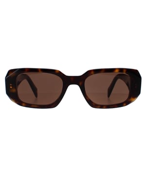 Prada Rectangle Womens Tortoise Brown PR17WS  Sunglasses are a stylish design made of high-quality acetate material that ensures durability and comfort. The temples are adorned with the iconic Prada logo, adding a touch of sophistication. These sunglasses are perfect for any occasion, whether it's a day out in the sun or a night out on the town.