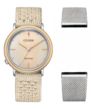 This Citizen L Ambiluna Collection Analogue Watch for Women is the perfect timepiece to wear or to gift. It's Multicolour 34 mm Round case combined with the comfortable Beige Fabric watch band will ensure you enjoy this stunning timepiece without any compromise. Operated by a high quality Eco-Drive movement and water resistant to 5 bars, your watch will keep ticking. Go green with this solar powered watch recharges itself in any kind of light,This solar watch does not require any battery replacement, it also includes an extra strap watch. -The watch has a function: Solar Powered High quality 19 cm length and 18 mm width Beige Fabric strap with a Buckle Case diameter: 34 mm,case thickness: 7 mm, case colour: Multicolour and dial colour: Multicolour