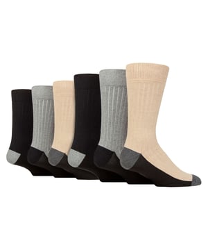 Step into a world of comfort and sustainability with these exceptional recycled cotton boot socks. Made with a focus on reducing environmental impact, these socks are a conscious choice for eco-conscious individuals. The cushioned design ensures comfort, making them perfect for all types of outdoor activities and everyday wear with boots. With 6 pairs of high-quality men's socks in each pack, you'll have the perfect companions for your adventures and daily routine. The ribbed knit legs offer a snug fit that ensures maximum comfort and prevents slipping. The terry loop pile lining adds an extra layer of warmth, making them perfect for the colder months. The fibre blend is principally cotton that has been derived from recycled sources, meaning that by wearing them, you’re stepping up with Wildfeet in helping reduce waste and encourage sustainability in production. Designed to withstand the demands of everyday wear, these socks feature reinforced soles, toes, and heels for enhanced durability and extended lifespan. You can trust these socks to last on all your outdoor adventures, providing reliable support and protection. Wild Feet is a range of socks featuring cool designs, bold colours and quirky catchphrases - from pugs and penguins, to lions and llamas! Choose from a range of styles for men and ladies, from dress to trainer socks. There are even some novelty styles available! These socks are available in 3 styles. They come in one size: Men’s 6-11 UK, are made from 45% Recycled Cotton, 41% Polyester, 11% Polypropylene, 2% Elastane, 1% Polyamide and are machine washable.