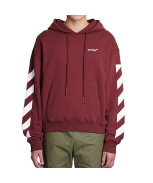 Blijf warm en stijlvol met deze Off-White Hoodie. Deze hoodie heeft een eigentijds ontwerp en het iconische logo en zal zeker een gespreksstarter zijn. Pronk met je unieke stijl!., Diag Design-armen, capuchon met trekkoord, grote kangoeroezak aan de voorkant, normale pasvorm, 100% katoen, gemaakt in Italië, streetwear, bordeauxrode capuchon, trui met capuchon
