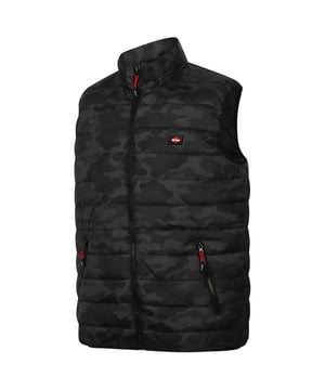 100% Polyester. Fabric: Tight Weave. Design: Camo, Logo, Quilted. Fabric Technology: Insulating, Lightweight, Thermal, Water Resistant, Windproof. Cuff: Bound, Elasticated. Branded Zip Pull, Padded. Sleeve-Type: Sleeveless. Neckline: Standing Collar. Fit: Slim. Pockets: 2 Side Pockets, Zip. Fastening: Front Zip. Hem: Bound, Elasticated. Conforms to Safety Standard: EN342. XL: 44 in. XXL: 46 in.
