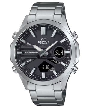 This Casio Edifice Analogue-Digital Watch for Men is the perfect timepiece to wear or to gift. It's Silver 45 mm Round case combined with the comfortable Silver Stainless steel watch band will ensure you enjoy this stunning timepiece without any compromise. Operated by a high quality Quartz movement and water resistant to 10 bars, your watch will keep ticking. Free yourself to focus on life. Get the EFV-C120 analogue-digital combination timepiece with a 10-year battery you won't have to worry about for ages. This Analogue-Digital watch has a calendar function: Day-Date , Stop Watch , Countdown , Alarm , Worldtime and Light High quality 21 cm length and 21 mm width Silver Stainless steel strap with a Fold over with push button clasp Case diameter: 45 mm,case thickness: 13 mm, case colour: Silver and dial colour: Black