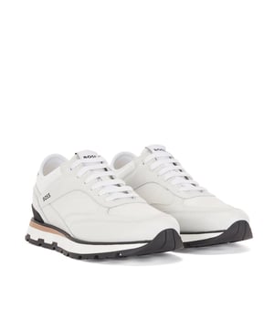 Men's BOSS Arigon Running Trainers.- Leather and Textile upper.- Lace up fastening.- Padded collar.- Iconic boss logo.- Cushioned insole.- Rubber sole. Ref: 50470693100.