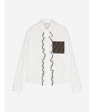 Fendi encapsulate passion and meticulous energy in their beautifully crafted Italian portraits. This girls blouse embodies the label's unparalleled high quality and innovation. It showcases a Zucca monogram detail and ruffle printed trims down a front button fastening. 100% Cotton