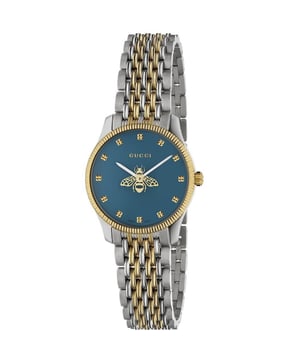 Brand: Gucci Range: G-TimelessSupplier Code: YA1265029Watch Movement: QuartzWater Resistance: 50 MetersCase Size: 29 mmDial Colour: BlueMarkers: IndexStrap/Finish: Stainless Steel with Ion Plated/PVD Gold ToneStrap Type: BraceletClasp Type: Deployment BuckleGlass Type: Sapphire Crystal Glass