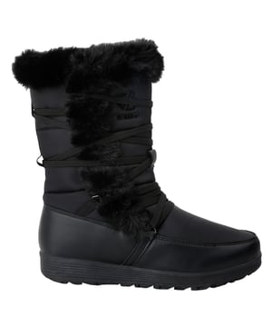 Upper: Polyester, PU (Polyurethane). Lining: Microfleece. Outsole: TPR. Fabric Technology: Durable, DWR Finish. EVA Footbed, Faux Fur Collar. Flat Heel. Cut: Mid Calf. Design: Logo. Toe Style: Round. Fastening: Bungee Lacing.