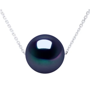 Halskette – Echte Süßwasser-Zuchtperle rund 9–10 mm – FARBE BLACK TAHITIAN STYLE – Kette Forçat Weißgold 375 – Federringverschluss – Länge 42 cm – Lieferung mit Echtheitszertifikat und internationaler Garantie – HERGESTELLT IN FRANKREICH –