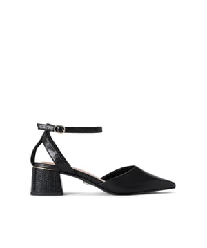 This Carvela Calla Court heel is crafted in a black leather alternative with pointed toe and croc embossed block style heel. There is a small gold buckle fastening the ankle strap. Heel height: 5cm.