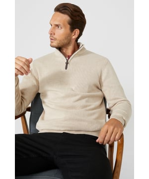 Pure Cotton Half Zip Funnel Jumper from Maine. Super-soft in texture and made from the premium fabrics, opt for this smart men's funnel jumper. Boasting cosy long sleeves, a high collar neckline with a zip-up front and a tailored cut finish for the perfect fit. Crafted from 100% Cotton. Wash at 40. Model wears a Size M.