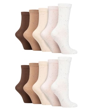 Revitalise your sock collection with a burst of colour and joy by adding these Wildfeet Patterned Bamboo Socks. Each pack brings you a value for money 10 pairs of socks, ensuring your sock drawer is never dull. They also feature a smooth and fine gauge weave, providing a luxurious feel against your skin. The bamboo-rich blend offers exceptional softness and comfort, they also have a silky-smooth touch that is irresistibly gentle. With their superior quality, these socks are perfect for everyday wear, ensuring your feet remain smooth and comfortable throughout the day. The lightweight, breathable knit fibres naturally wick away moisture, ensuring your feet stay dry and comfortable. Additionally, the thermoregulating nature of bamboo helps to maintain a cool and refreshing environment for your feet, preventing excess sweating and odours. Extra durable, the toes and heels of these bamboo socks have been reinforced. Bamboo is eco-friendly and sustainable too, and allied to the recycled paper packaging for these socks, makes them a more sustainable choice for your collection. Wild Feet is a range of socks featuring cool designs, bold colours and quirky catchphrases - from pugs and penguins, to lions and llamas! Choose from a range of styles for men and ladies, from dress to trainer socks. There are even some sporty styles available! These socks are available in 5 Patterns: Leopard, Flowers, Spots, Rainbow or Dots. They come in one size: Ladies 4-8 UK, are made from 70% Viscose (from Bamboo), 28% Polyester, 2% Elastane and are machine washable.
