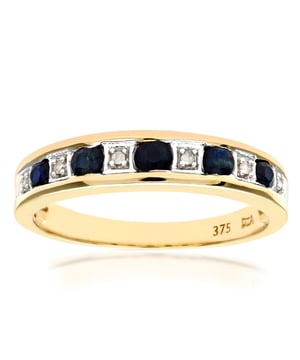 9K (375) geel goud: 2,2 gram; # Diamant: 0,02 ct; # Saffier: 0,38 ct