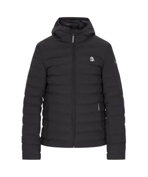 Für kalte Tage gefertigt, verfügt diese gesteppte Jacke über einen hohen Kragen mit einem Frontreißverschluss und einer nicht abnehmbaren Kapuze. Horizontale Nähte sorgen für ein Steppmuster am Körper und an den Ärmeln, während Reißverschlusstaschen Funktionalität bieten. Angepasste Manschetten und ein dezentes Logo tragen zu ihrer Attraktivität bei und machen sie perfekt für Abenteuer bei kaltem Wetter.  Winterjacke