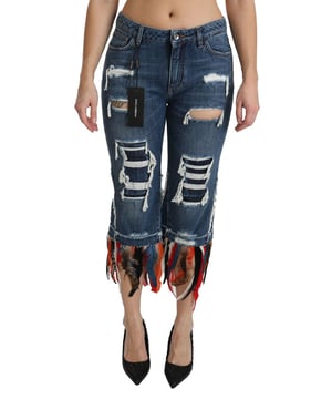 Preciosos pantalones Dolce & Gabbana 100% auténticos, nuevos con etiquetas.  
Pantalones recortados de cintura baja con un ajuste regular.  
Fabricados con 80% algodón, 10% plumas, 9% seda y 1% elastano.  
Hermoso color azul.  
Cierre de cremallera y botón.  
Detalles con logo.  
Hecho en Italia.  
Material: 80% algodón, 10% plumas, 9% seda, 1% elastano.