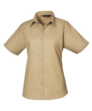 Soft collar styling. Rounded bottom hem. Fitted styling with bust darts and back darts. Easycare fabric, short sleeves. Pearlised buttons on light blue and white. Self colour buttons on remaining. Fabric 65% Polyester, 35% Cotton. Weight 105 gsm