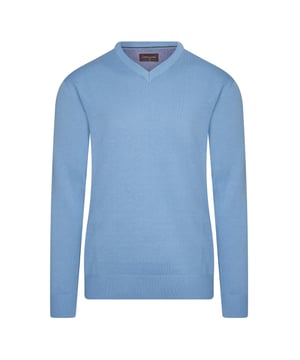 Cappuccino Italia pullover voor heren. De pullover is gemaakt van 50% katoen en 50% acryl en heeft een normale pasvorm.  Merk: Cappuccino ItaliaModelnaam: PulloverCategorie: heren pulloverMaterialen: katoen, acrylKleur: sky blauw