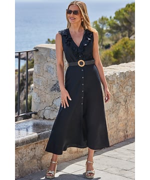Show us a more perfect summer dress
Crafted from light and airy linen
Bust-flattering V-neck with a dreamy ruffle trim
Cinched waist falls to a breezy maxi hem
Sleeveless but bra friendly
Style with flat sandals or espadrille wedges