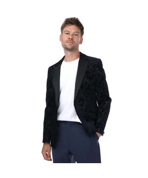 Single breasted front with velvet buttons  Velvet trims on pockets  Double vents in back.Velvet shawl lapels and normal shawl lapel with velvet trim.New black on black paisley brocade print.Tailored Fit  striking the perfect balance between Regular and a Slim fit.