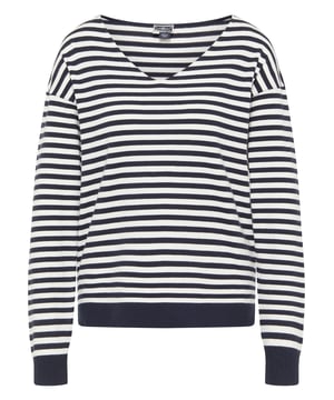 De casual gestreepte trui van DreiMaster Maritim is gemaakt van een zachte viscose garenmix en heeft een rechte snit. Met zijn diepe V-hals en het klassieke streeppatroon geeft het model een maritieme touch. De geribde manchetten met kleine zijsplitten maken het ontwerp compleet.  Gebreide trui