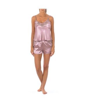 Schlafanzug mit Trägern.
 Rundhalsausschnitt mit geripptem Abschluss und Blumenstickerei.
 Hose mit Gummibund.
 Nähte in Ton gehalten.
 Zusammensetzung: 100% Polyester
 Pflege:
Handwäsche.
 - Kein Bleichmittel verwenden.
 - Keinen Trockner verwenden.
 - Unterstützt das Bügeln.
 - Nicht chemisch reinigen.