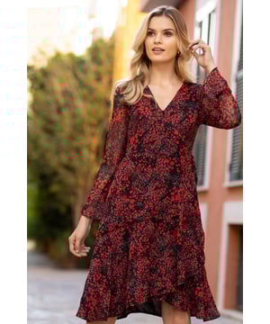 REASONS TO BUY: 

Your new favourite floral 
V-neck, belted waist – it’s a real figure flatterer 
Swishy skirt, sheer fluted sleeves 
Cold? Pop a polo neck underneath  
For winter weddings or weekend drinks 
Complete the look with on-trend sock boots  