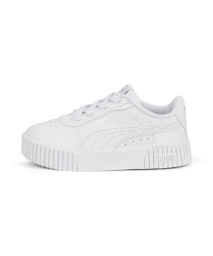PRODUCT STORY For our next generation of sneaker fans, the Carina 2.0 AC is designed specifically for little feet with an easy-on/off elastic lacing system and our Kinder-Fit® removable sockliner for an improved fit. We've added a chunky textured sole for a fresh new look your little one will love. FEATURES & BENEFITS Recycled Content: The upper of this shoe is made with at least 20% recycled materials as a step toward a better future DETAILS Synthetic upper with perforated vampKinder-Fit® socklinerAlternative closure with elasticated laces for easy on/offRubber midsoleRubber outsolePUMA Formstrip on medial and lateral sidesPUMA No. 2 Logo on quarter panelPUMA Babies' style: Recommended for toddlers between 0 and 4 years
