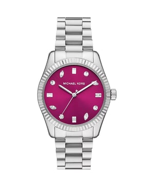 Sku: MK7443Case Size: 38 mmMovement: Quartz Three-HandPlatform: LEXINGTONStrap Material: Stainless SteelStrap Color: SilverCase Water Resistance: 10 ATMCase Material: Stainless SteelCase Color: SilverDial Color: PinkStrap Width: 20 mmClosure: 2 Pusher Foldover ClaspStrap Inner Circumference: 175 +/- 5 mmCrystal Type: Mineral