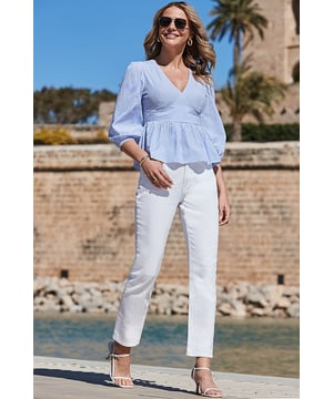 There's nothing like that new top feeling
Stripes always look stylish
V-neck, cinched waist, peplum hem - tops don't get more flattering
Blouson sleeves for a statement silhouette
Style with tailored trousers and courts for the office
Add white jeans and espadrilles on weekends