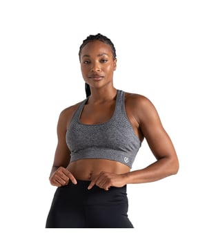 Material: Elastane, Nylon, Polyamide, Polyester. Fabric: Mesh, Q-Wic, Stretch. Design: Logo, Plain. Fabric Technology: Antibacterial, Moisture Wicking, Quick Dry, SeamSmart Technology. Medium Support, Removable Padded Cups, Seamless, Shaped Cups. Back Style: Racerback. Neckline: Scoop. XS: 27 in. S: 29 in. M: 31 in. L: 32 in. XL: 34 in.