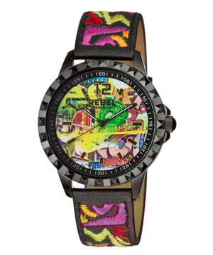 Rebel Women's RB122-6071 DumboRebel Dumbo Graffiti w/ black Dial Women's Watch RB122-6071
Rebel Women's Watch from the Dumbo Collection
Round 316L Stainless Steel Black Case
Graffiti w/ black Dial, Mineral Crystal w/ Sapphire Coating
Black Embroidered Leather Band with Tang Buckle
Water Resistance: 5 ATM (50 meters, 165 feet)
9mm Case Thickness, 42mm Case Diameter, 20mm Band Width
Quartz Movement