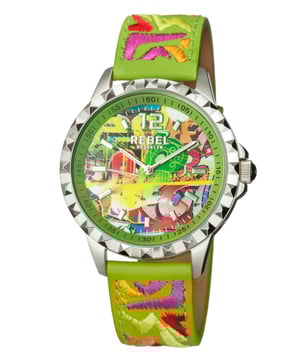 Rebel Women's RB122-4171 DumboRebel Dumbo Graffiti w/ lime green Dial Women's Watch RB122-4171
Rebel Women's Watch from the Dumbo Collection
Round 316L Stainless Steel Silver Case
Graffiti w/ lime green Dial, Mineral Crystal w/ Sapphire Coating
Lime Green Embroidered Leather Band with Tang Buckle
Water Resistance: 5 ATM (50 meters, 165 feet)
9mm Case Thickness, 42mm Case Diameter, 20mm Band Width
Quartz Movement