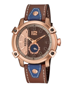 “   Rebel with a cause”           This line, which is quoted on the caseback of the watch, is the essence of the Weeksville neighborhood. The rich African American history can inspire us all to break free of the past. The metal plate and rotor style subdial give you the bold and daring look that will speak to generation that wants to feel as interesting as the interesting times they live in.Rebel Weeksville Khaki (tan) Dial Men's Watch RB121-815
Rebel Men's Watch from the Weeksville Collection
Round 316L Stainless Steel Rose Case
Khaki (tan) Dial, Mineral Crystal
Khaki (tan) Leather Band with Tang Buckle
Water Resistance: 5 ATM (50 meters, 165 feet)
11mm Case Thickness, 46mm Case Diameter, 22mm Band Width
Chronograph Quartz Movement