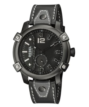 “   Rebel with a cause”           This line, which is quoted on the caseback of the watch, is the essence of the Weeksville neighborhood. The rich African American history can inspire us all to break free of the past. The metal plate and rotor style subdial give you the bold and daring look that will speak to generation that wants to feel as interesting as the interesting times they live in.Rebel Weeksville Black Dial Men's Watch RB121-6071
Rebel Men's Watch from the Weeksville Collection
Round 316L Stainless Steel Black Case
Black Dial, Mineral Crystal
Black Leather Band with Tang Buckle
Water Resistance: 5 ATM (50 meters, 165 feet)
11mm Case Thickness, 46mm Case Diameter, 22mm Band Width
Chronograph Quartz Movement