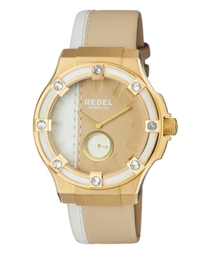 “B   e a rebel in pursuit of your dreams”           This line, which is quoted on the caseback of the watch, is the essence of the Flatbush collection. True rebellion can come in many forms and the dial colors that melt straight into the perfectly matching band colors is one of a kind. 8 crystals on the bezel and the contrast color subdial break the monotony of the look. This is truly the rebellious way to achieve your dream look.Rebel Flatbush White/Gold Dial Women's Watch RB119-9101
Rebel Women's Watch from the Flatbush Collection
Round 316L Stainless Steel Gold Case
White/Gold Dial, Mineral Crystal
White/Gold Leather Band with Tang Buckle
Water Resistance: 5 ATM (50 meters, 165 feet)
11mm Case Thickness, 44mm Case Diameter, 23mm Band Width
Quartz Movement