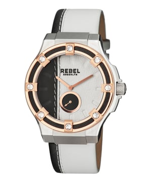 “B   e a rebel in pursuit of your dreams”           This line, which is quoted on the caseback of the watch, is the essence of the Flatbush collection. True rebellion can come in many forms and the dial colors that melt straight into the perfectly matching band colors is one of a kind. 8 crystals on the bezel and the contrast color subdial break the monotony of the look. This is truly the rebellious way to achieve your dream look.Rebel Flatbush Black/White Dial Women's Watch RB119-5021
Rebel Women's Watch from the Flatbush Collection
Round 316L Stainless Steel Rose/Silver Case
Black/White Dial, Mineral Crystal
Black/White Leather Band with Tang Buckle
Water Resistance: 5 ATM (50 meters, 165 feet)
11mm Case Thickness, 44mm Case Diameter, 23mm Band Width
Quartz Movement