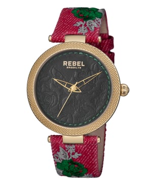 “  why fit in when you were born to stand out?”          This line, which is quoted on the caseback of the watch, is the essence of the Carrol Gardens collection. The dial with its leather look embossed with roses complements the canvas covered leather band with a floral print design. You were born to stand out and with this watch you will achieve your aspirations.Rebel Carroll Gardens Green Dial Women's Watch RB112-9061
Rebel Women's Watch from the Carroll Gardens Collection
Round 316L Stainless Steel Gold Case
Green Dial, Mineral Crystal
Burgundy Cloth Band with Tang Buckle
Water Resistance: 5 ATM (50 meters, 165 feet)
9mm Case Thickness, 40mm Case Diameter, 20mm Band Width
Quartz Movement