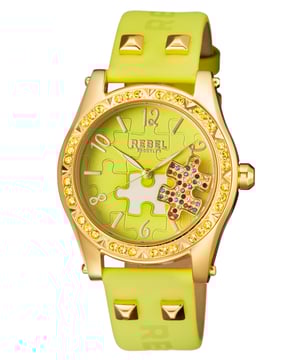“Y  ou little rebel, I like you.”          This line, which is quoted on the caseback of the watch, is the essence of the Gravesend collection. The studded puzzle piece standing out of the dial face is unconventional. The perfectly matching dial color, bezel crystals and band leather all come together to help bring out that unique personality and attitude that we all want to be.Rebel Gravesend Lime Green Dial Women's Watch RB111-9171
Rebel Women's Watch from the Gravesend Collection
Round 316L Stainless Steel Gold Case
Lime Green Dial, Mineral Crystal w/ Sapphire Coating
Lime Green Leather Band with Tang Buckle
Water Resistance: 5 ATM (50 meters, 165 feet)
12mm Case Thickness, 40mm Case Diameter, 20mm Band Width
Quartz Movement