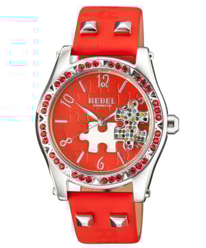 “   you little rebel, I like you.”           This line, which is quoted on the caseback of the watch, is the essence of the Gravesend collection. The studded puzzle piece standing out of the dial face is unconventional. The perfectly matching dial color, bezel crystals and band leather all come together to help bring out that unique personality and attitude that we all want to be.Rebel Gravesend Red  Dial Women's Watch RB111-4051
Rebel Women's Watch from the Gravesend Collection
Round 316L Stainless Steel Silver Case
Red  Dial, Mineral Crystal w/ Sapphire Coating
Red Leather Band with Tang Buckle
Water Resistance: 5 ATM (50 meters, 165 feet)
12mm Case Thickness, 40mm Case Diameter, 20mm Band Width
Quartz Movement