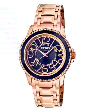 “   Misfit, Rebel, Troublemaker”           This line, which is quoted on the caseback of the watch, is the essence of the Williamsburg neighborhood and certainly the aura that this watch gives off. Like the Williamsburg neighborhood and its cultural diversity, this watch is the ultimate in edgy attitude. The unusual number font and the two colored bezel can be either masculine or feminine. It’s the fresh new and affordably priced way to make your own fashion statement.Rebel Williamsburg (Steel) Blue Dial Men's Watch RB107-8049
Rebel Men's Watch from the Williamsburg (Steel) Collection
Round 316L Stainless Steel Rose Case
Blue Dial, Mineral Crystal w/ Sapphire Coating
Rose Bracelet Band with Deployment Buckle
Water Resistance: 5 ATM (50 meters, 165 feet)
11mm Case Thickness, 42mm Case Diameter, 22mm Band Width
Quartz Movement