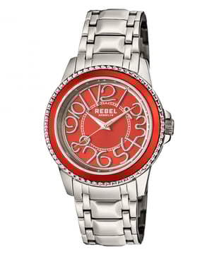 “   Misfit, Rebel, Troublemaker”           This line, which is quoted on the caseback of the watch, is the essence of the Williamsburg neighborhood and certainly the aura that this watch gives off. Like the Williamsburg neighborhood and its cultural diversity, this watch is the ultimate in edgy attitude. The unusual number font and the two colored bezel can be either masculine or feminine. It’s the fresh new and affordably priced way to make your own fashion statement.Rebel Williamsburg (Steel) Red  Dial Men's Watch RB107-4054
Rebel Men's Watch from the Williamsburg (Steel) Collection
Round 316L Stainless Steel Silver Case
Red  Dial, Mineral Crystal w/ Sapphire Coating
Silver Bracelet Band with Deployment Buckle
Water Resistance: 5 ATM (50 meters, 165 feet)
11mm Case Thickness, 42mm Case Diameter, 22mm Band Width
Quartz Movement