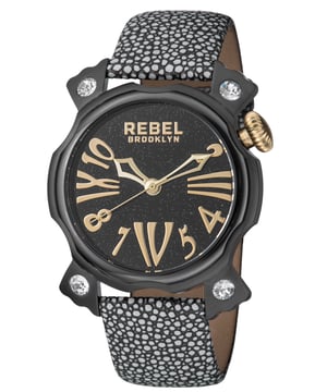 Rebel Women's RB104-6071 Coney IslandRebel Coney Island Black Dial Women's Watch RB104-6071
Rebel Women's Watch from the Coney Island Collection
Round 316L Stainless Steel Black Case
Black Dial, Mineral Crystal
Graphite Graphite Leather Band with Tang Buckle
Water Resistance: 5 ATM (50 meters, 165 feet)
11mm Case Thickness, 44mm Case Diameter, 22mm Band Width
Quartz Movement
